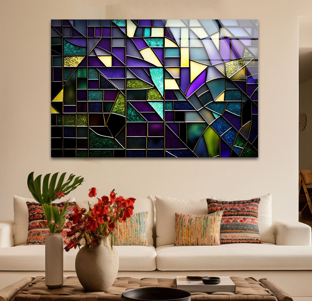 Modern Abstract Stained Glass Wall Art – Purple & Gold Geometric Decor