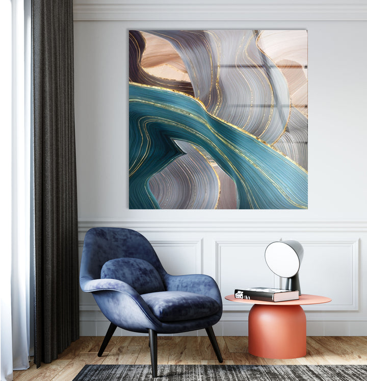 Goldene Adern Abstrakte Wandkunst – Blauer und beiger Glasdruck 