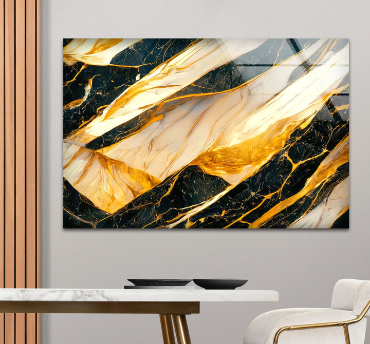 Luxury Black Marble Glass Wall Art with Gold and White Fluid Veins – Modern Abstract Decor - MyPhotoStation
