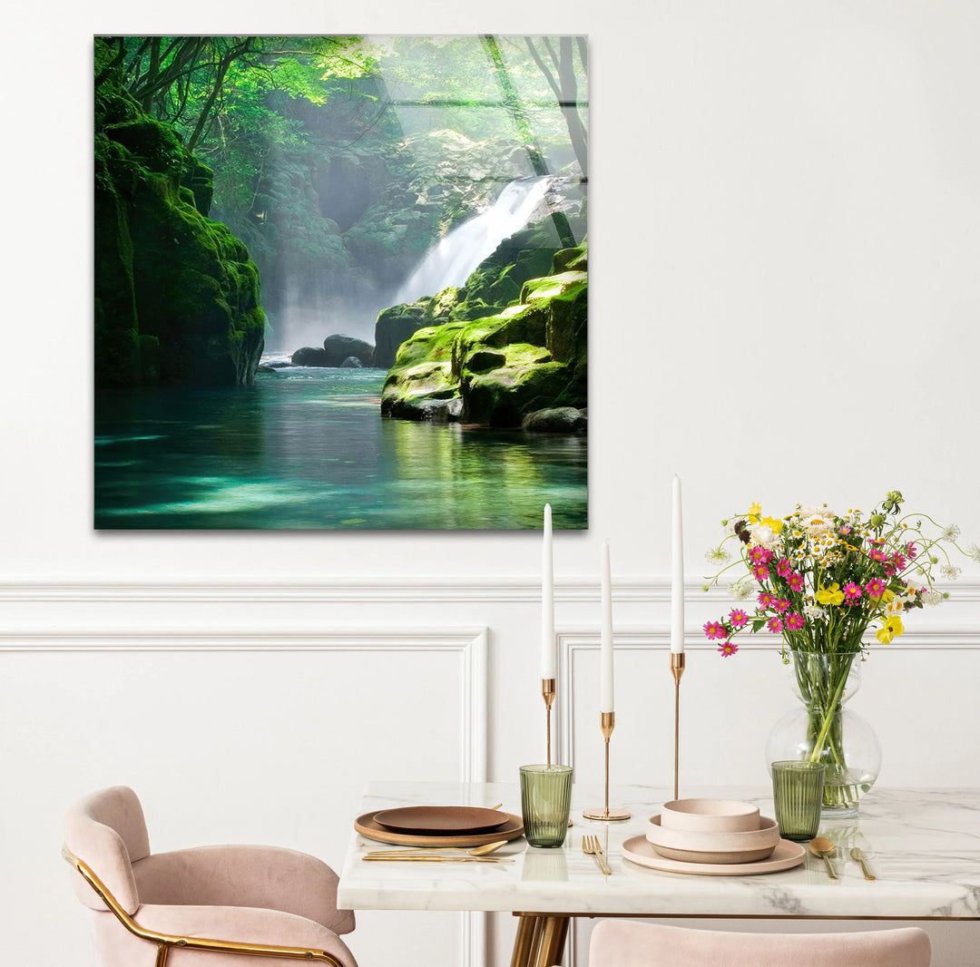 Tranquil Forest Waterfall Wall Art – Serene Nature Glass Print for Zen-Inspired Decor - MyPhotoStation