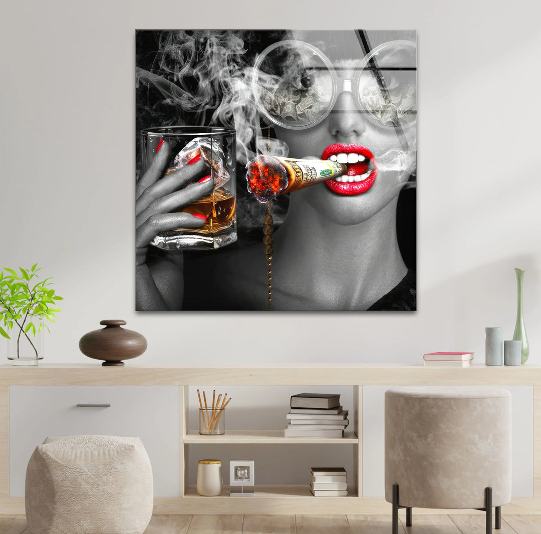 Luxury Diva Wall Art with Whiskey and Dollar Cigar – Bold Glam Glass Print - MyPhotoStation