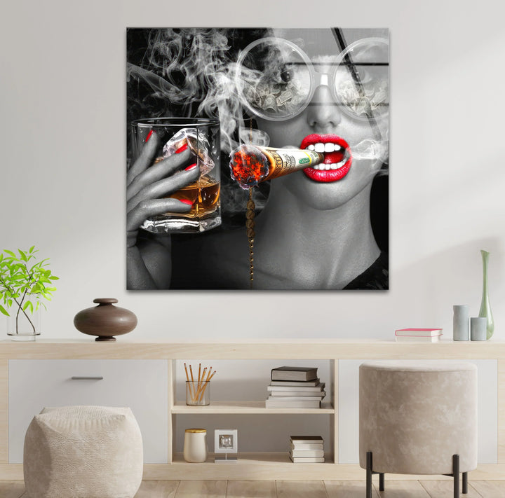 Luxury Diva Wall Art with Whiskey and Dollar Cigar – Bold Glam Glass Print - MyPhotoStation