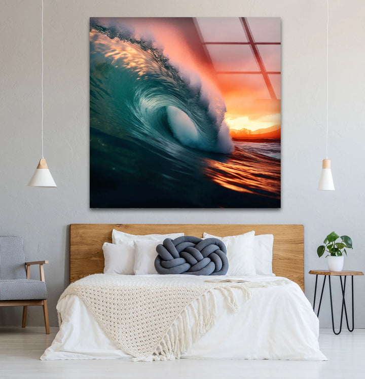 Sunset Barrel Wave Wall Art – Ocean Wave Glass Print for Coastal Home Decor - MyPhotoStation