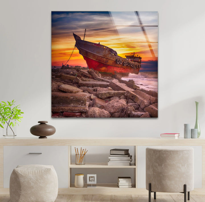 Abandoned Ship Wall Art – Sunset Seascape Glass Print for Nautical Decor - MyPhotoStation