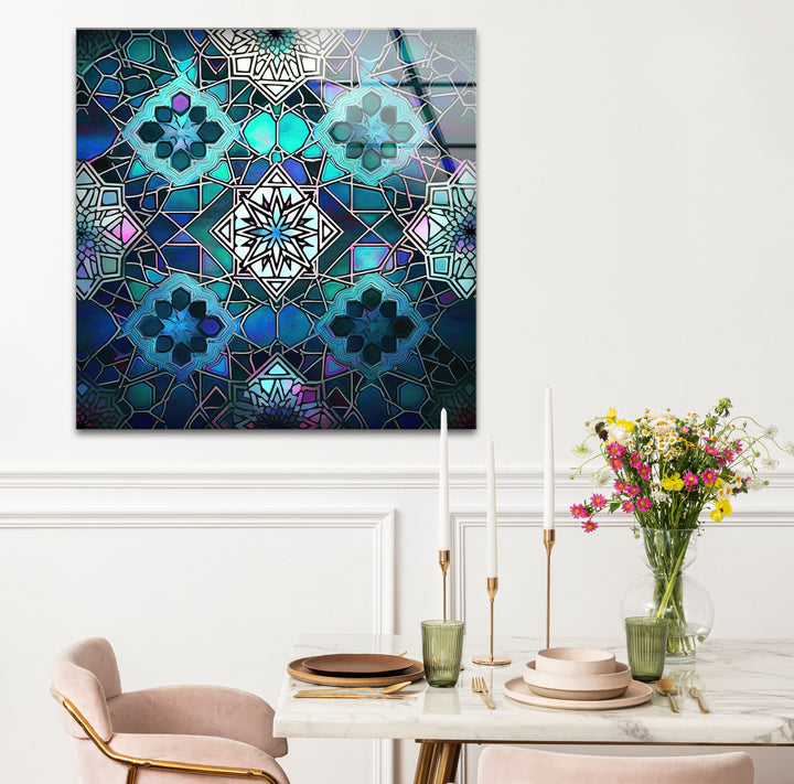 Blue Mosaic Star Glass Wall Art – Islamic Geometric Window Panel, Sacred Pattern Decor