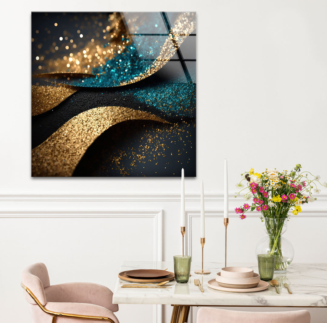 Gold Teal Glitter Wave Wall Art – Luxury Sparkle Abstract Glass Print