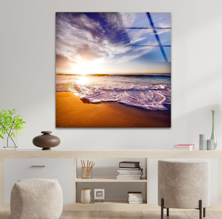 Golden Sunrise Beach Wall Art – Serene Ocean Glass Print for Coastal and Relaxing Interiors