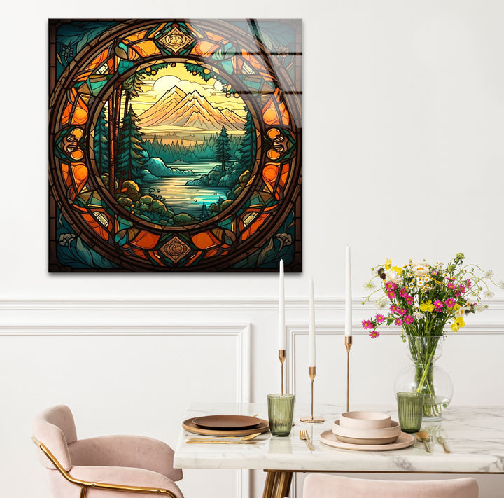Stained Glass Mountain Landscape – Scenic Forest & River Window Panel