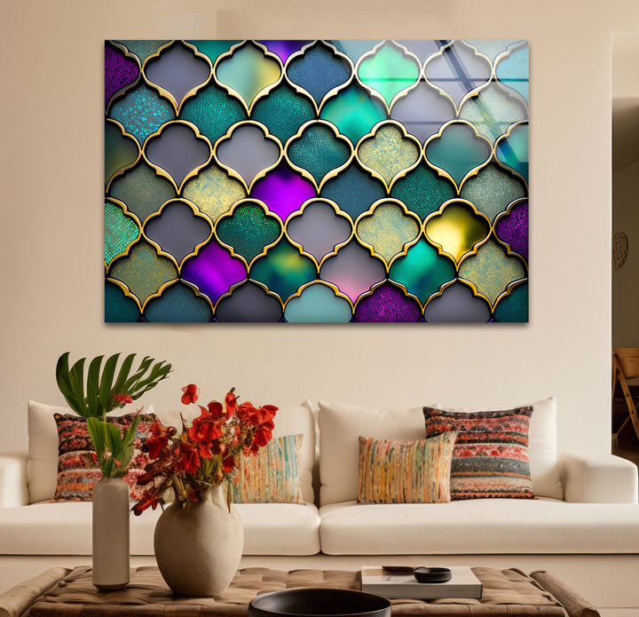 Moroccan Geometric Stained Glass Wall Art – Luxurious Gold & Teal Decor