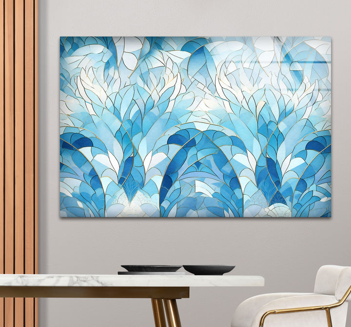 Ocean Leaf Stained Glass Wall Art – Blue Botanical Window Panel, Calming Nature Decor