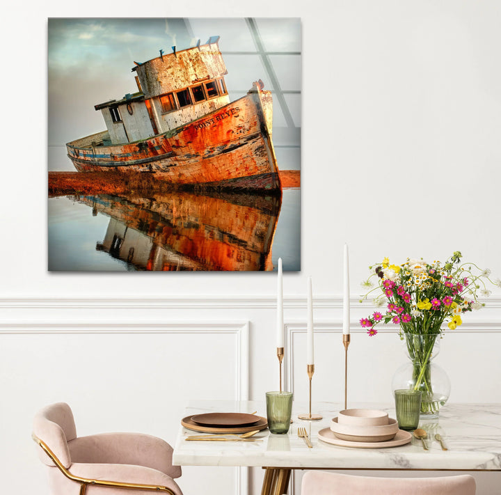 Rustic Abandoned Boat Glass Wall Art – Reflections of Time Nautical Print - MyPhotoStation