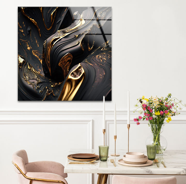 Black Gold Swirl Wall Art – Luxury Abstract Fluid Glass Print for Interiors