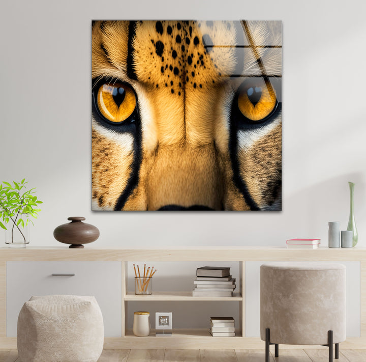Golden Cheetah Eyes Wall Art – Bold Safari-Inspired Glass Print for Modern Interiors