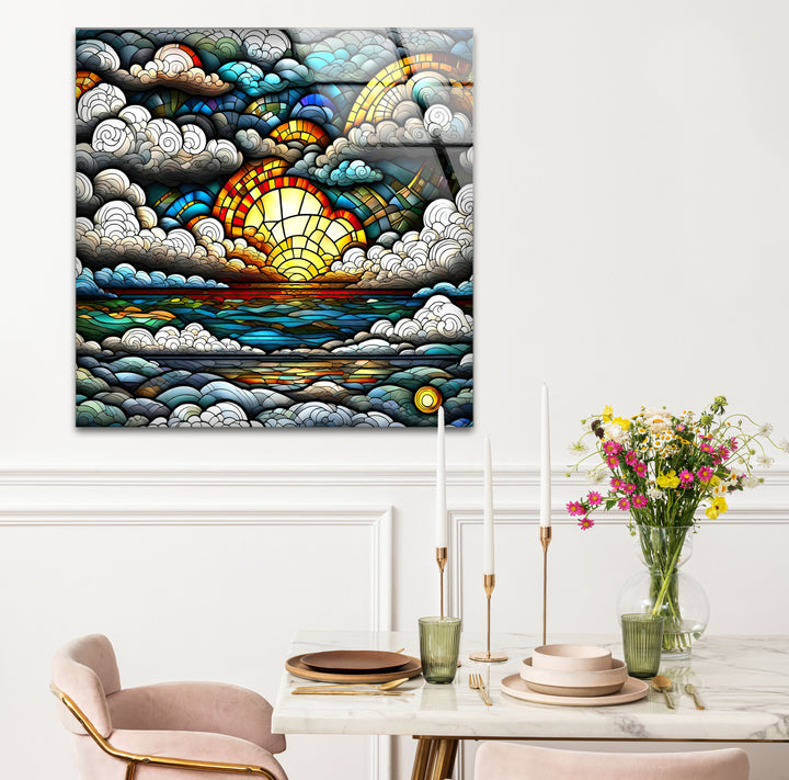 Stained Glass Sunrise Cloudscape Wall Art – Serene Horizon Decor