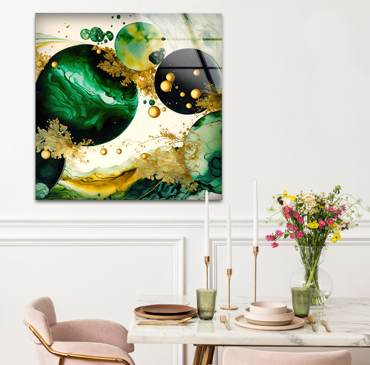 Emerald & Gold Abstract Glass Wall Art – Modern Luxury Home Decor