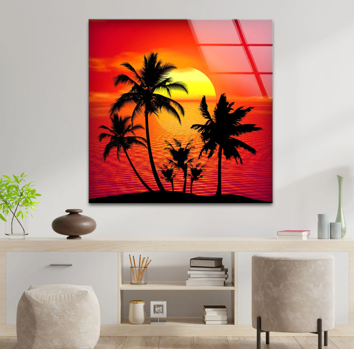 Tropical Sunset Palm Tree Wall Art – Vibrant Beach Scene on Tempered Glass - MyPhotoStation