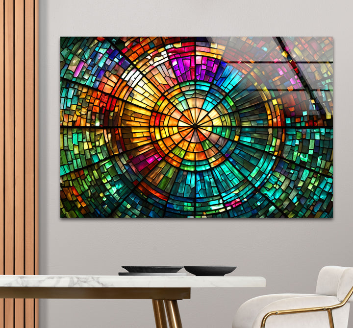 Strahlende Mosaik-Wandkunst aus Buntglas – Farbenfrohes, kreisförmiges Fensterdesign 