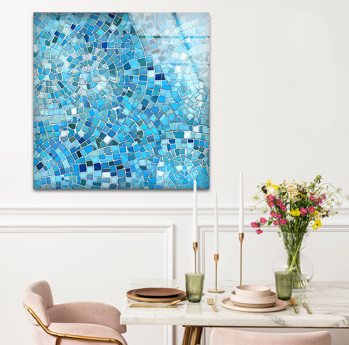 Aqua Blue Mosaic Glass Wall Art – Coastal Geometric Decor for Bathroom & Spa