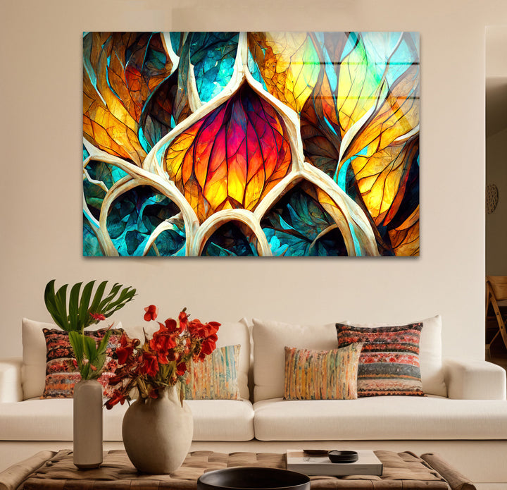 Von der Natur inspirierte Buntglas-Wandkunst – Abstraktes Blattdesign 