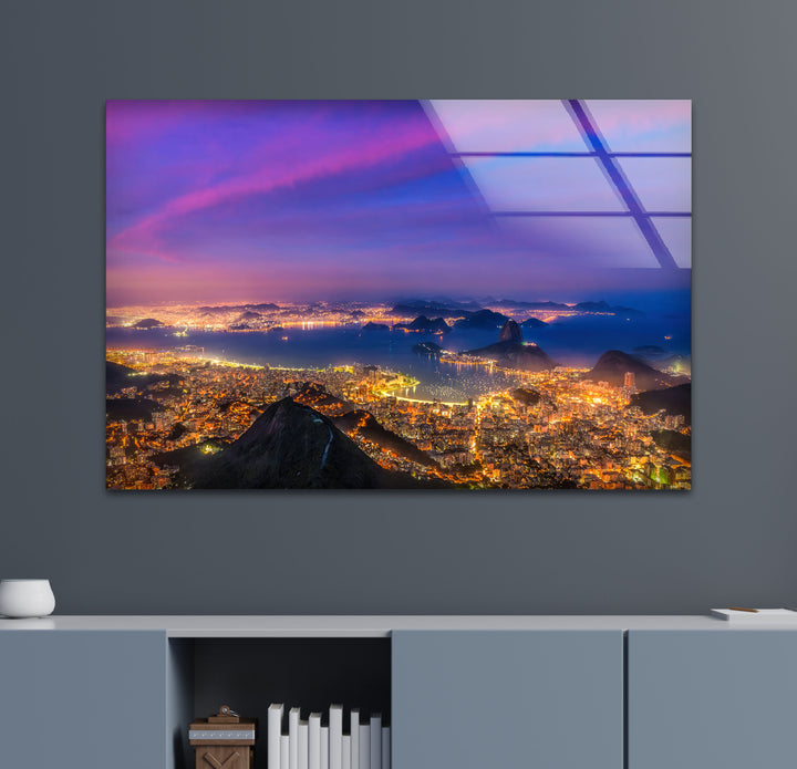 Rio de Janeiro Skyline Wall Art – Vibrant Cityscape Glass Print with Sunset Sky for Urban Interiors