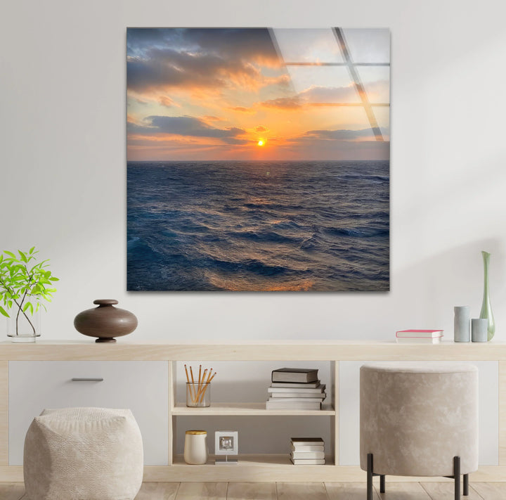 Ocean Horizon Sunset Wall Art – Serene Coastal View Tempered Glass Print - MyPhotoStation