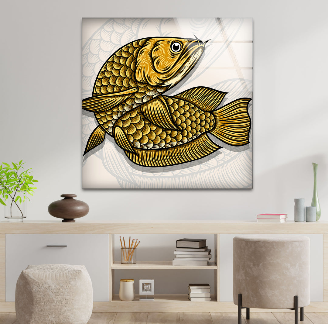 Golden Arowana Fish Wall Art – Elegant Asian-Inspired Glass Print for Modern Interiors and Feng Shui Decor