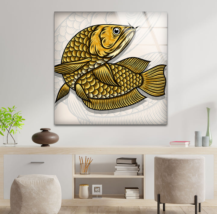 Golden Arowana Fish Wall Art – Elegant Asian-Inspired Glass Print for Modern Interiors and Feng Shui Decor
