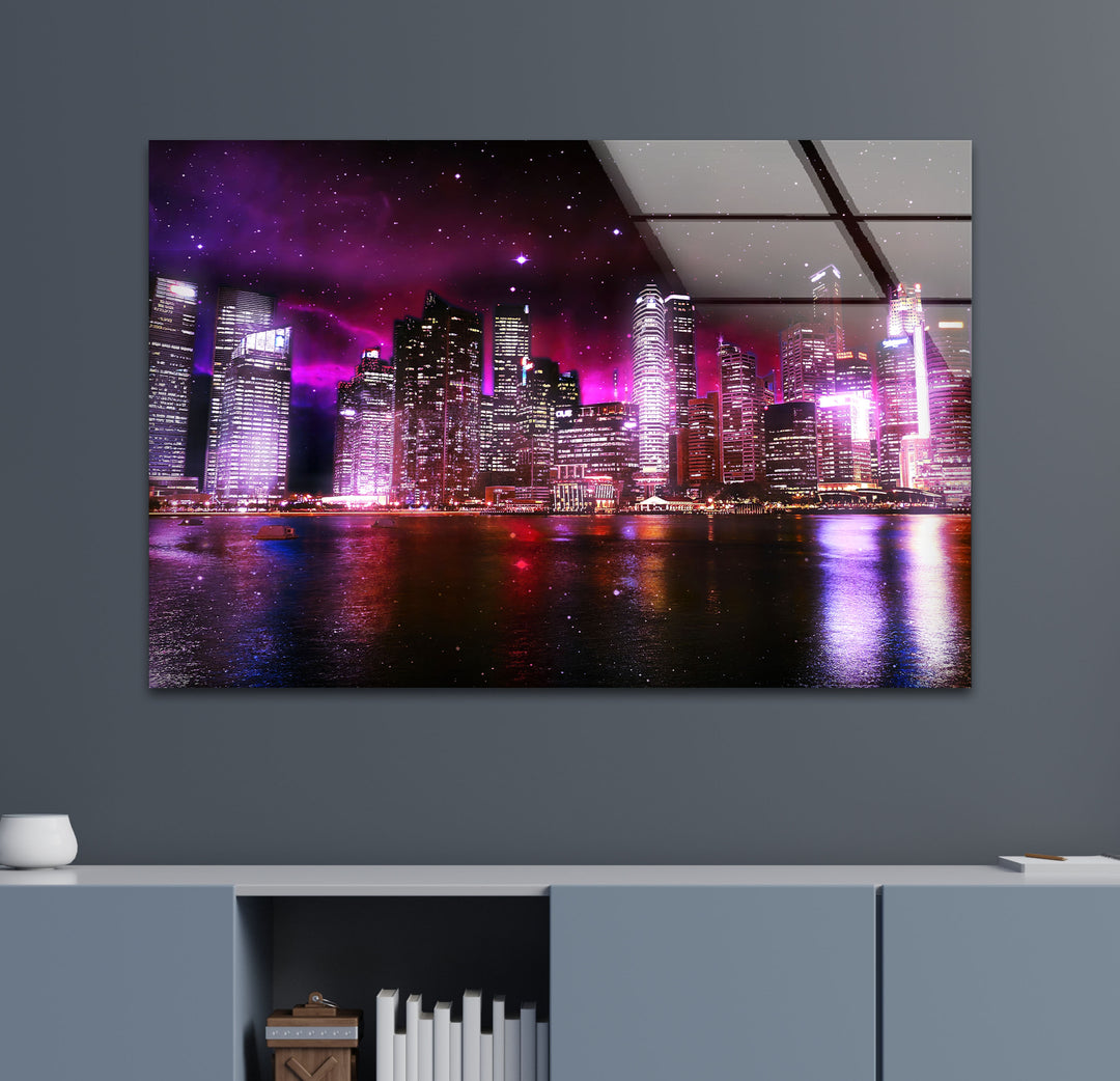 Futuristic Cityscape Wall Art – Neon Skyline Glass Print with Galaxy Night View