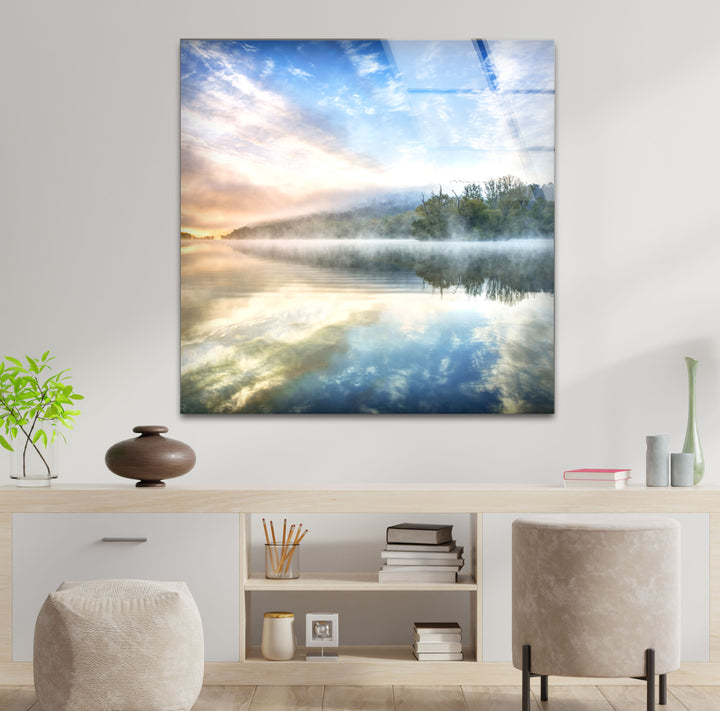 Misty Lake Sunrise Wall Art – Tranquil Morning Glass Landscape Print