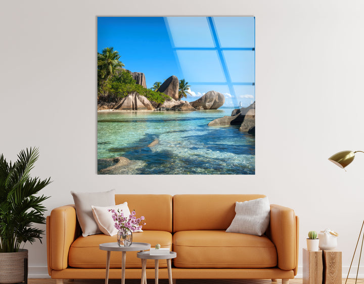 Tropical Rock Coast Wall Art – Crystal Blue Ocean Glass Print