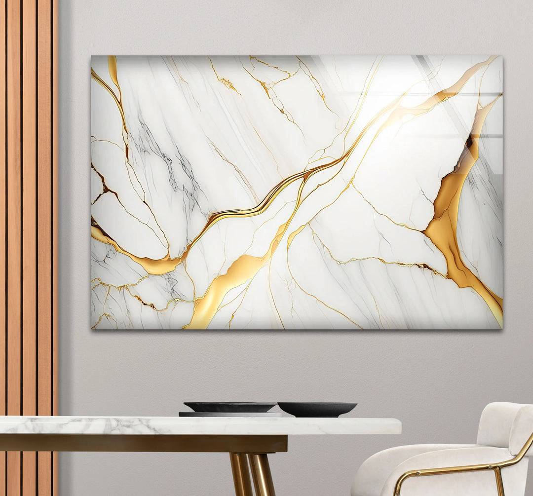 White Marble Wall Art with Gold Veins – Elegant Abstract Glass Print for Modern Luxury Interiors - MyPhotoStation