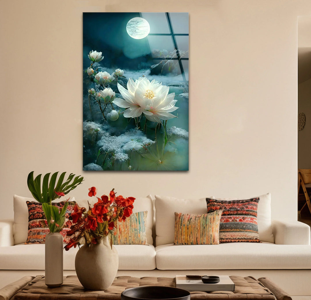 Moonlit White Lotus Glass Wall Art – Tranquil Floral Design with Ethereal Night Glow - MyPhotoStation