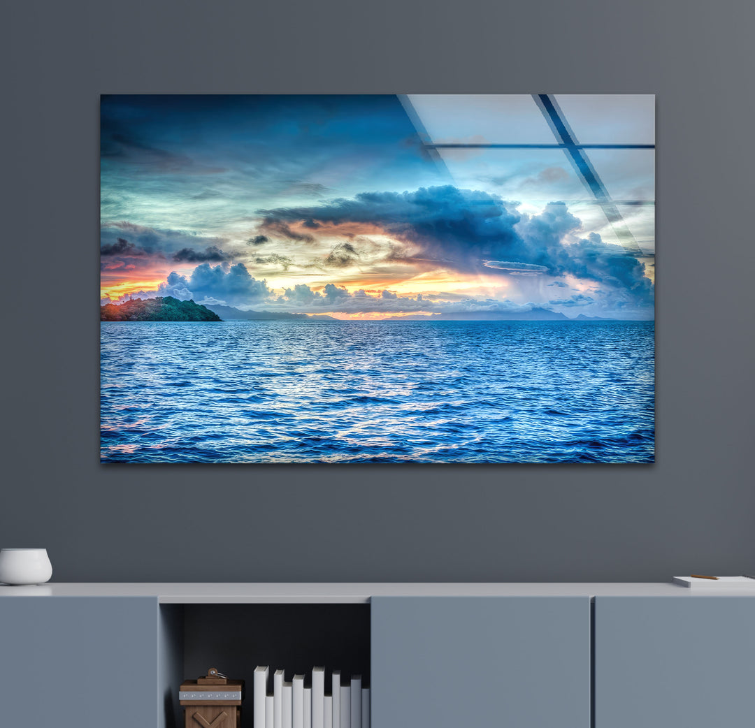 Tropical Sea Horizon Wall Art – Vibrant Ocean Sunset Glass Print for Modern Interiors
