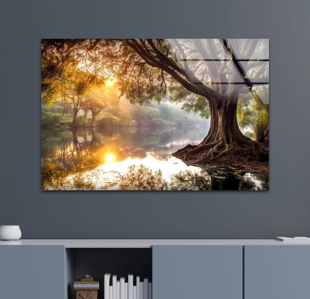 Golden Forest Sunrise Reflections – Majestic Tree and River Glass Wall Art - MyPhotoStation