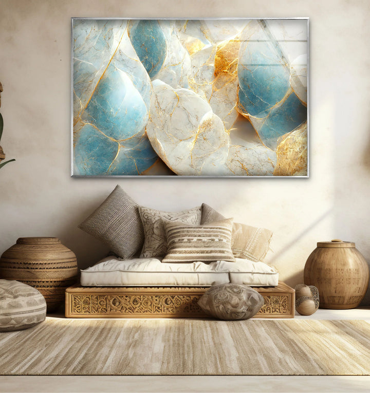 Blue White Marble Wall Art – Elegant Stone Glass Print with Gold Veining for Modern Luxury Interior Decor - MyPhotoStation