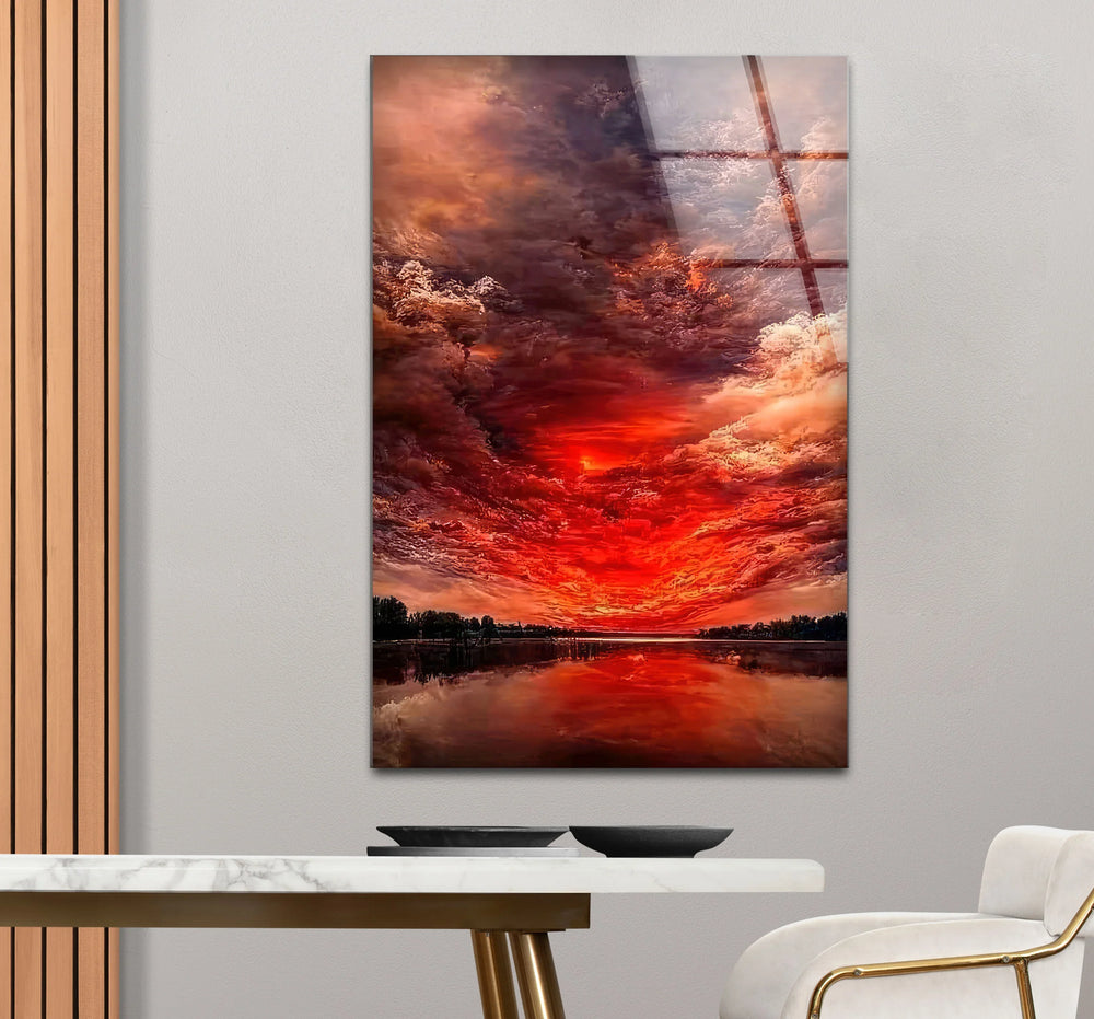 Fiery Sunset Sky Glass Wall Art – Dramatic Red Clouds Over Water Landscape - MyPhotoStation