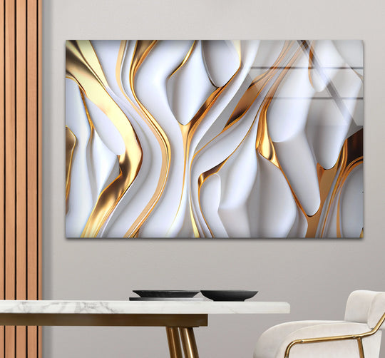 Luxury fluid texture glass print featuring gold and white abstract design with clean edges, perfect home decor.