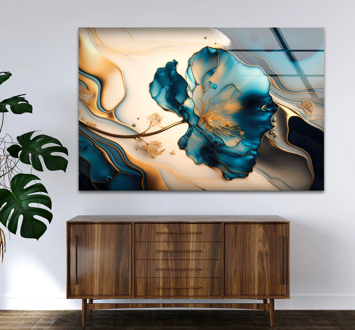 Luxury Blue Gold Floral Wall Art – Elegant Glass Print for Living Room or Office - MyPhotoStation