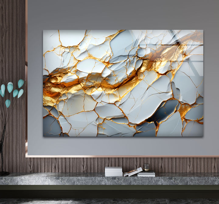 Golden Vein Marble Glass Wall Art – Luxury Abstract Stone Design for Modern Interiors