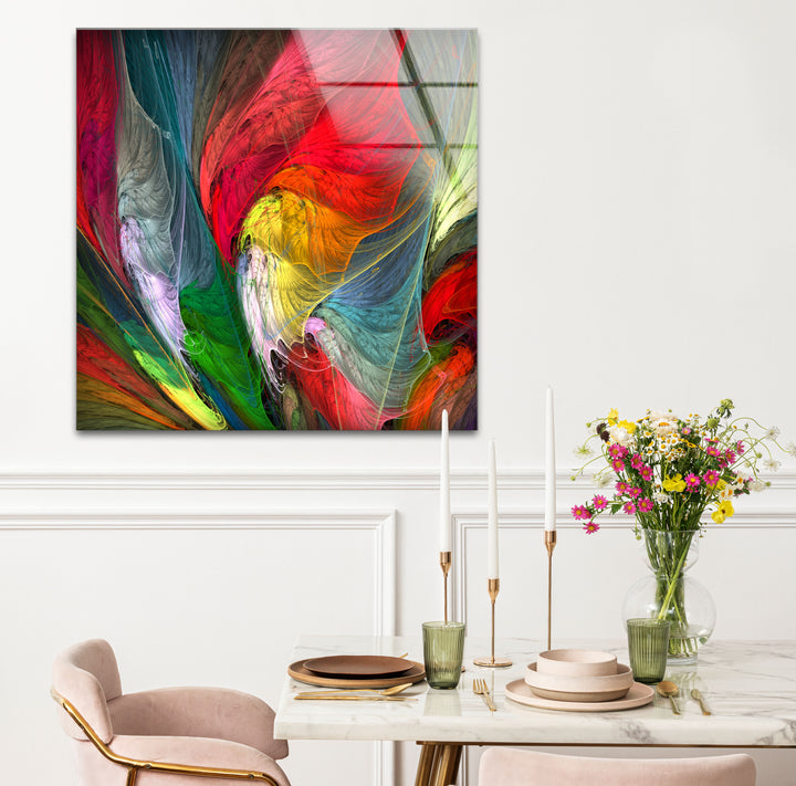 Colorful Feather Burst Wall Art – Abstract Rainbow Glass Print Decor