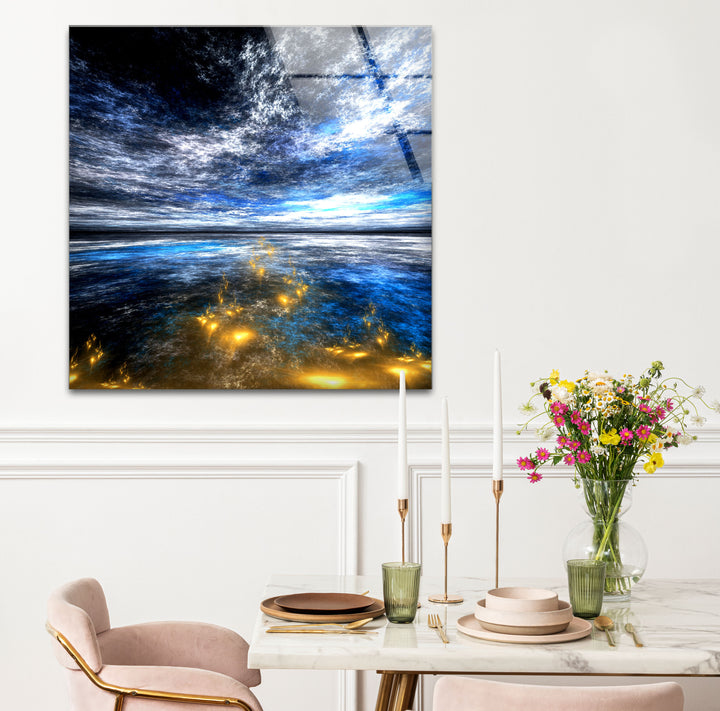 Celestial Ocean Light Wall Art – Abstract Blue and Gold Horizon Glass Print