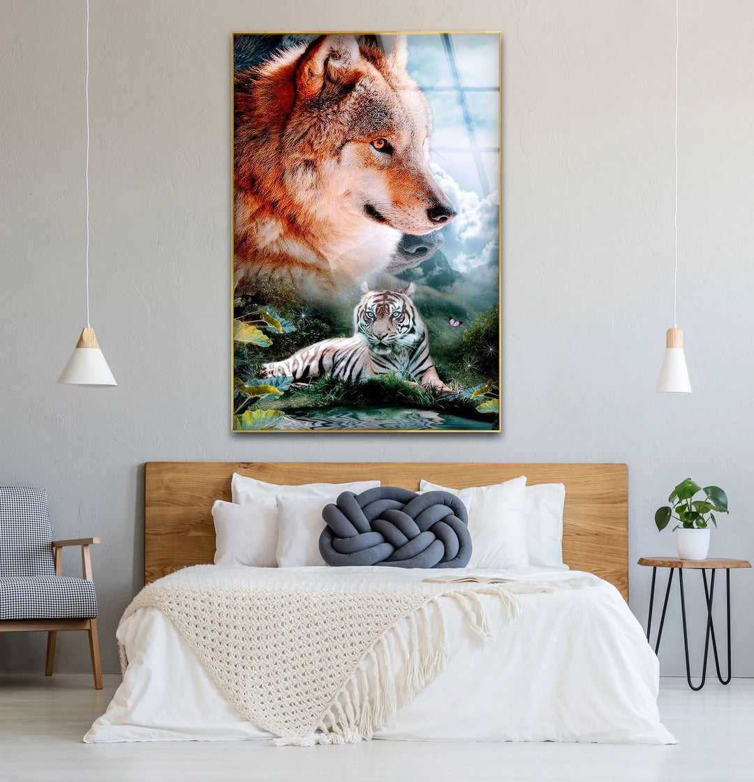 Wolf and White Tiger Wall Art – Majestic Animal Duo Nature Glass Print for Bold Decor - MyPhotoStation