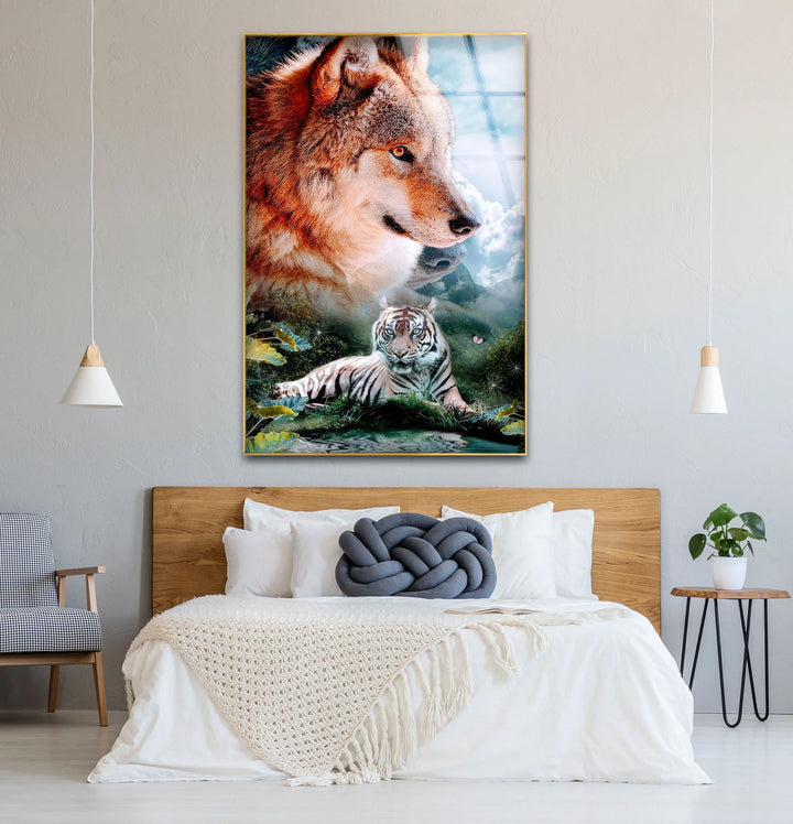 Wolf and White Tiger Wall Art – Majestic Animal Duo Nature Glass Print for Bold Decor - MyPhotoStation