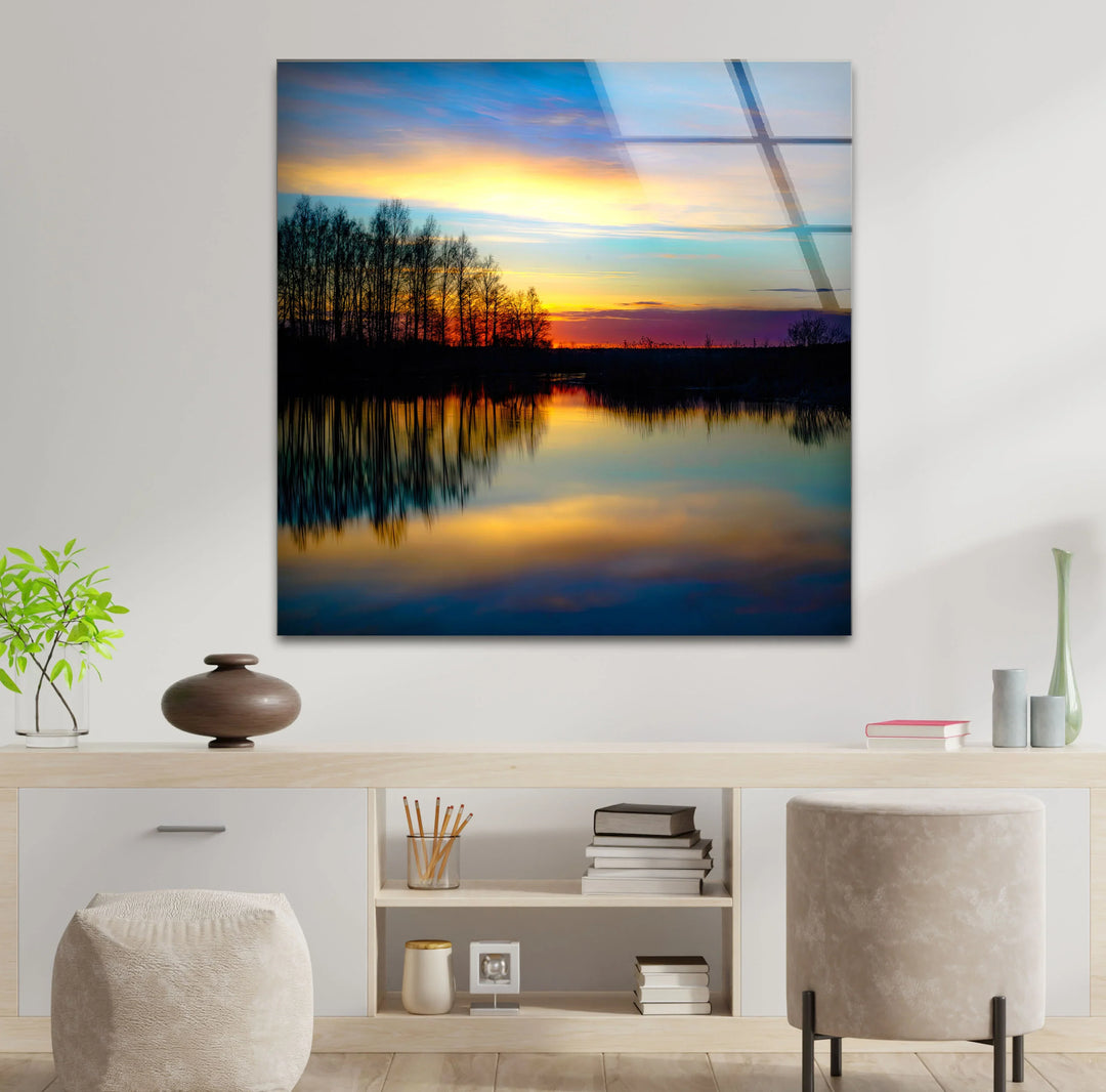 Sunset Reflection Wall Art – Tranquil Forest & Lake Glass Print for Serene Decor - MyPhotoStation