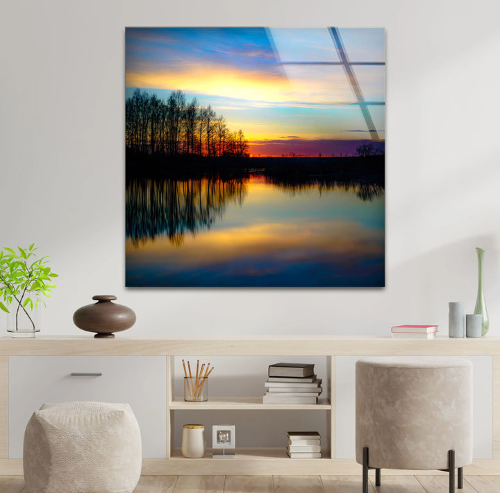 Sunset Reflection Wall Art – Tranquil Forest & Lake Glass Print for Serene Decor - MyPhotoStation