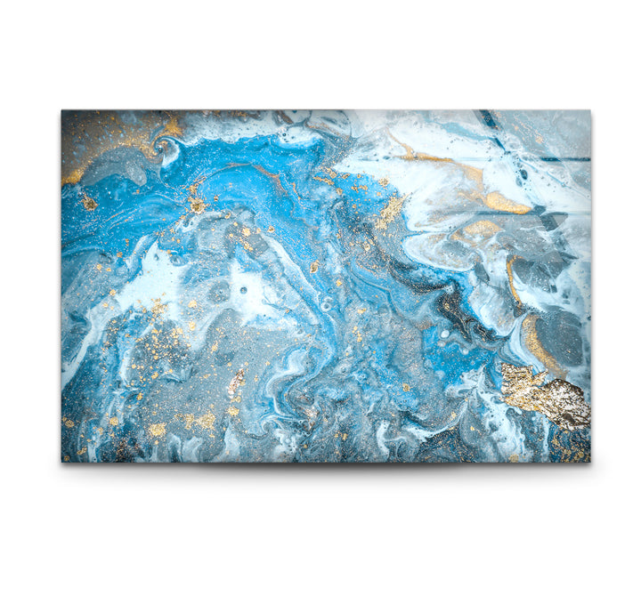Blue Gold Ocean Marble Wall Art – Elegant Abstract Glass Print Decor