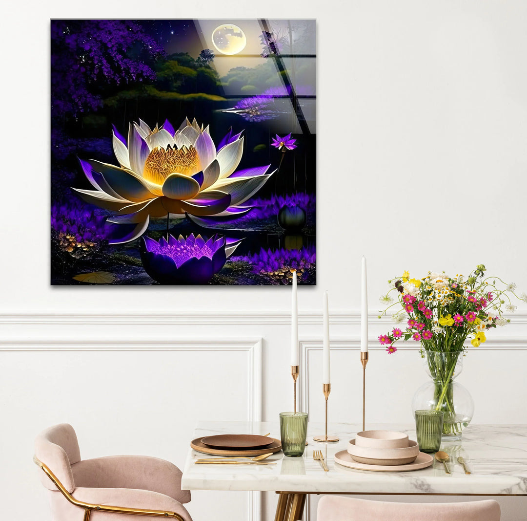 Moonlit Purple Lotus Glass Wall Art – Mystical Night Bloom Floral Print - MyPhotoStation