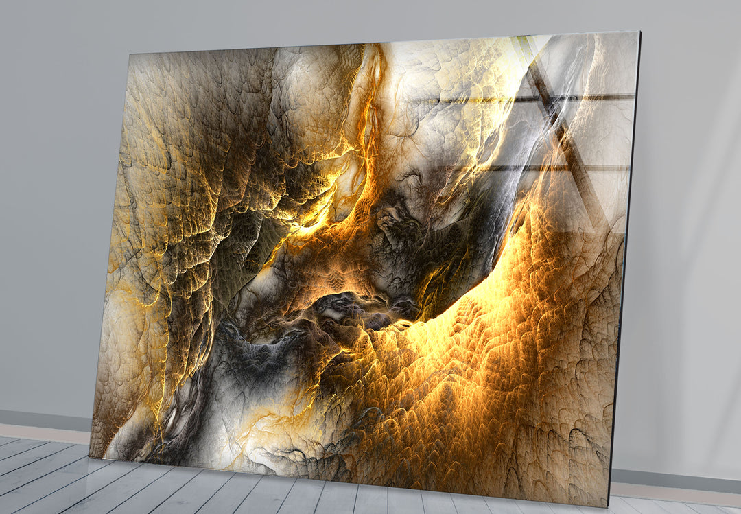 Golden Ember Cavern Wall Art – Textured Abstract Glass Print Decor