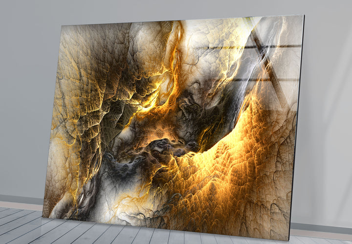 Golden Ember Cavern Wall Art – Textured Abstract Glass Print Decor