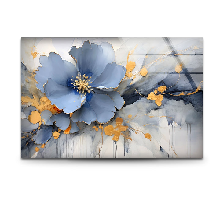 Blue Gold Blossom Wall Art – Elegant Floral Glass Print for Home Décor